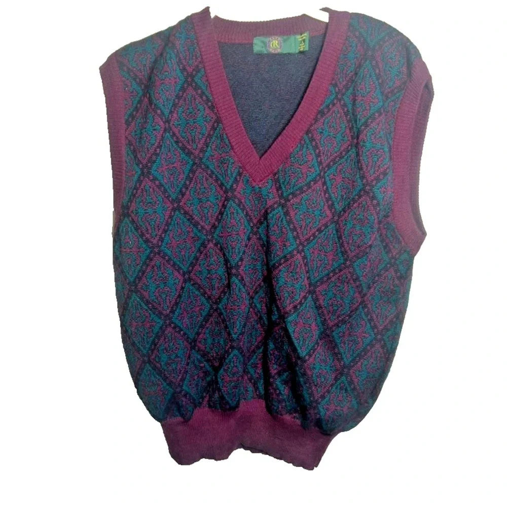 Club Room Men's Large Geometric‎ Merino Wool Blend Pullover Sweater Vest Maroon